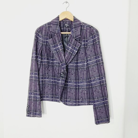 Tribal Women's Purple Pink White Wool Blend Plaid Button Business Blazer - Picture 1 of 10
